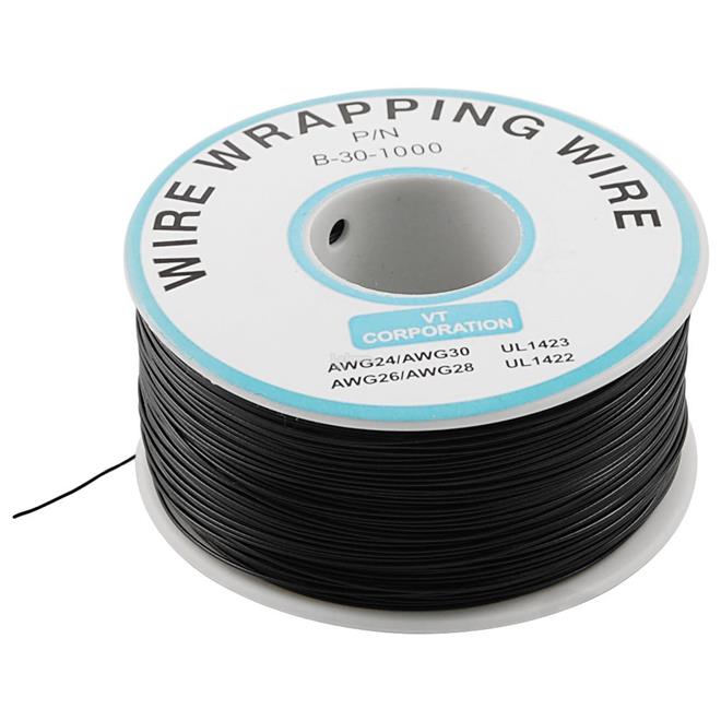 30 AWG B-30-1000 PVC Insulated Wire Wrapping Wire (Black / 230 Meter Spool) | Solid Tin-Plated Copper Industrial Jumper & PCB Fly Wire for Control Panels & Prototyping