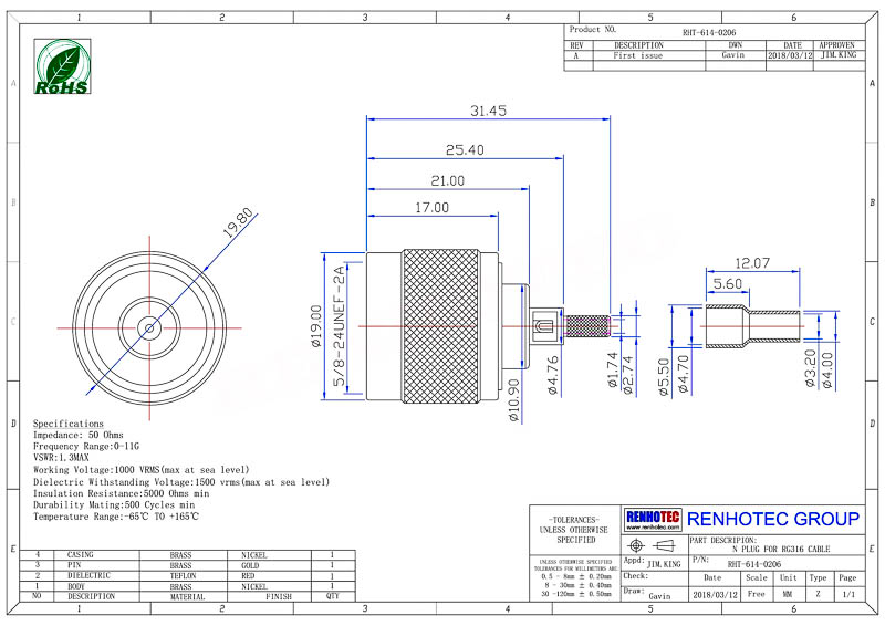 N-Type Male RF Coaxial Connector | Straight 180° Crimp Type | 50Ω Cable Mount - Image 8