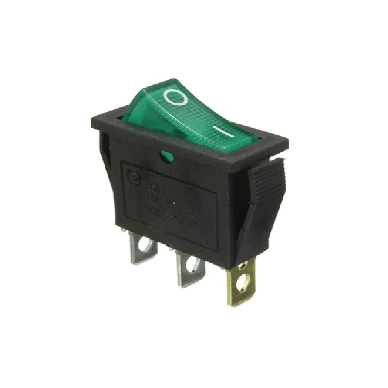 15A 250V Green Illuminated Rocker Switch | 3-Pin SPDT | Heavy-Duty Power Control