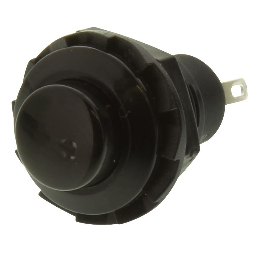 R13-502 Momentary Push Button Switch | 12mm Mounting | 2-Pin | Round Cap | Black
