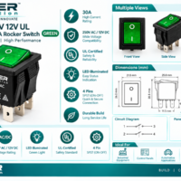 4 Pins 250V 12V UL Illuminated 30A Rocker Switch GREEN